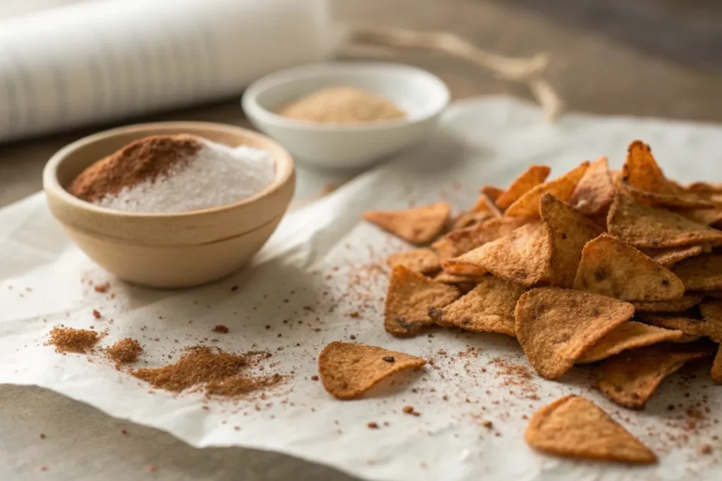 Close-up of homemade cinnamon baking chips on parchment paper with ground cinnamon.