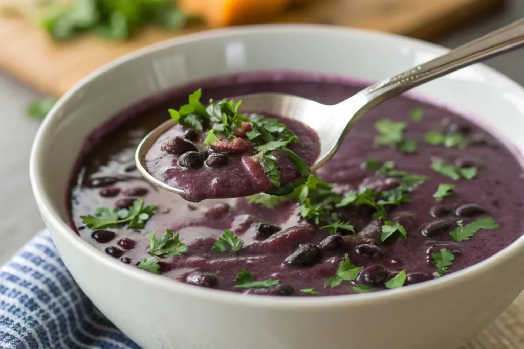 Spoon dipping into purple black bean soup with creamy texture and purple vegetable chunks.