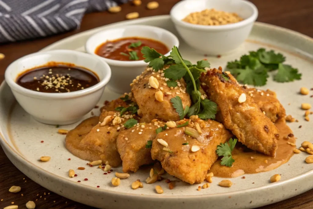 Close-up of tender chicken coated in creamy peanut butter sauce, garnished with peanuts and herbs.