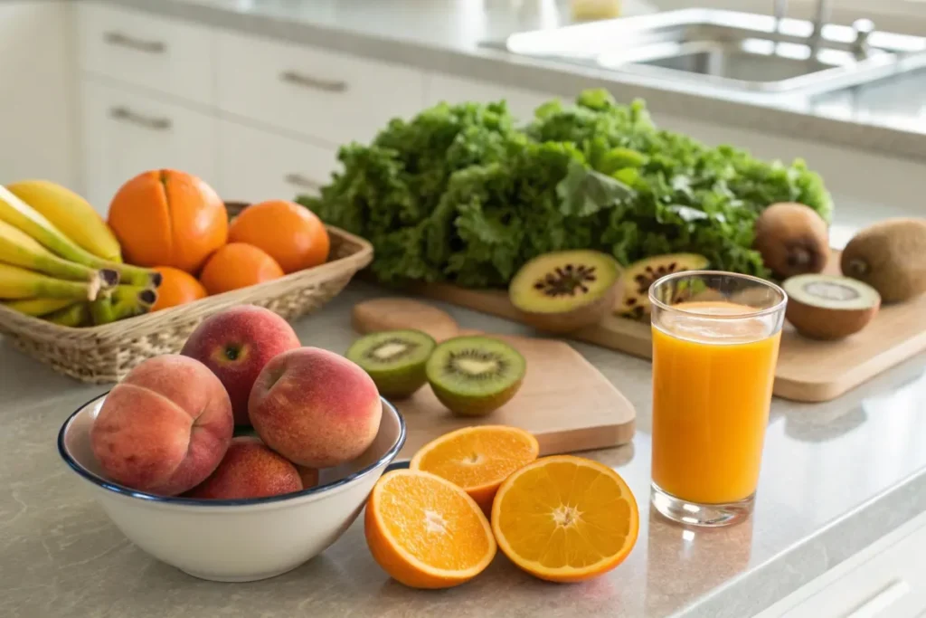 Fresh peaches, peach juice, and fruits like oranges and kiwis highlighting nutritional benefits.