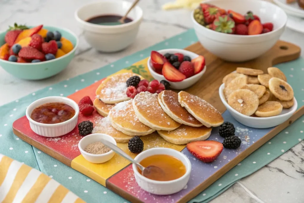 Mini pancakes on a breakfast board with syrup, fruits, and toppings, ideal for a festive brunch