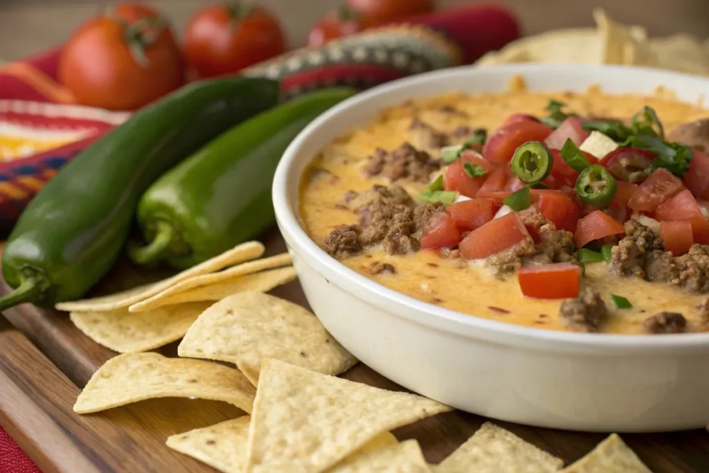 Smoked queso dip with tomatoes, peppers, and sausage served with chips and fresh veggies.