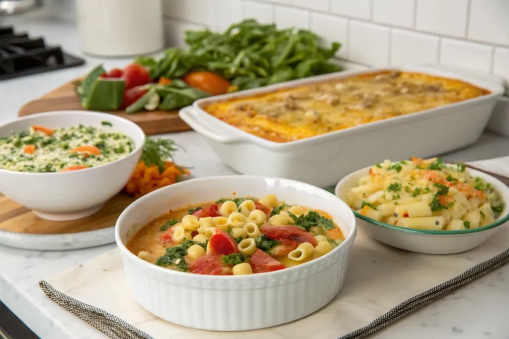 Ditalini pasta in soup, casserole, and salad showcasing its versatility in different dishes.