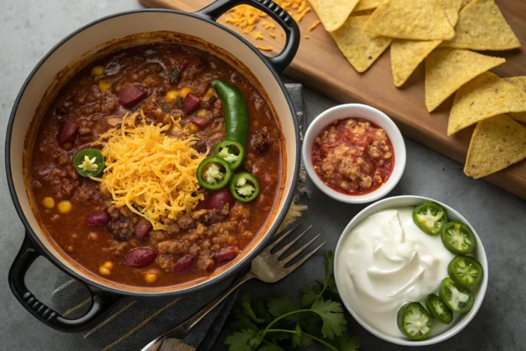 Taco soup frios in a pot surrounded by bowls of toppings like cheese, sour cream, and jalapeños.