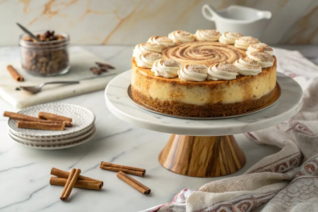 Whole cinnamon roll cheesecake on a cake stand with cinnamon sticks and frosting.