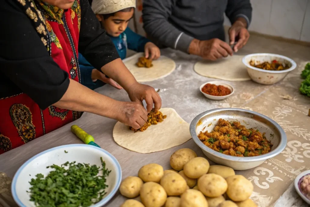 A family preparing spicy potato bolani together, rolling dough and adding flavorful spiced potato filling in a cozy kitchen setting.