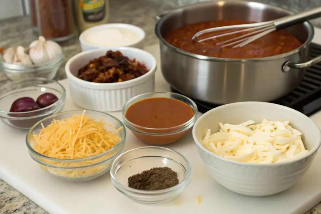 Ingredients for chipotle queso, including shredded cheese, chipotle peppers, garlic, and spices on a kitchen counter.