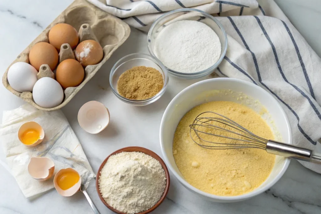 Ingredients for protein cornbread, including cornmeal, eggs, and Greek yogurt, with a mixing bowl of batter.