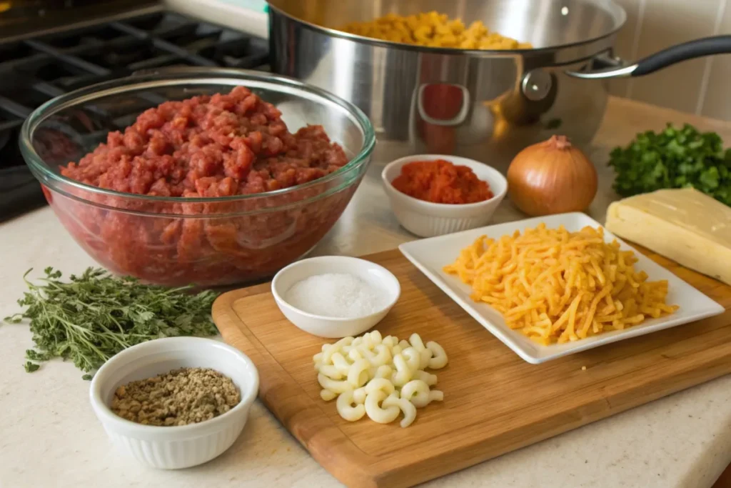 Ingredients for making beefaroni, including macaroni, ground beef, and tomato sauce.