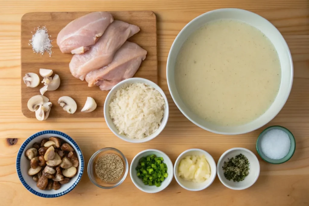 Ingredients for forgotten chicken recipe, including chicken thighs, rice, and cream soup.