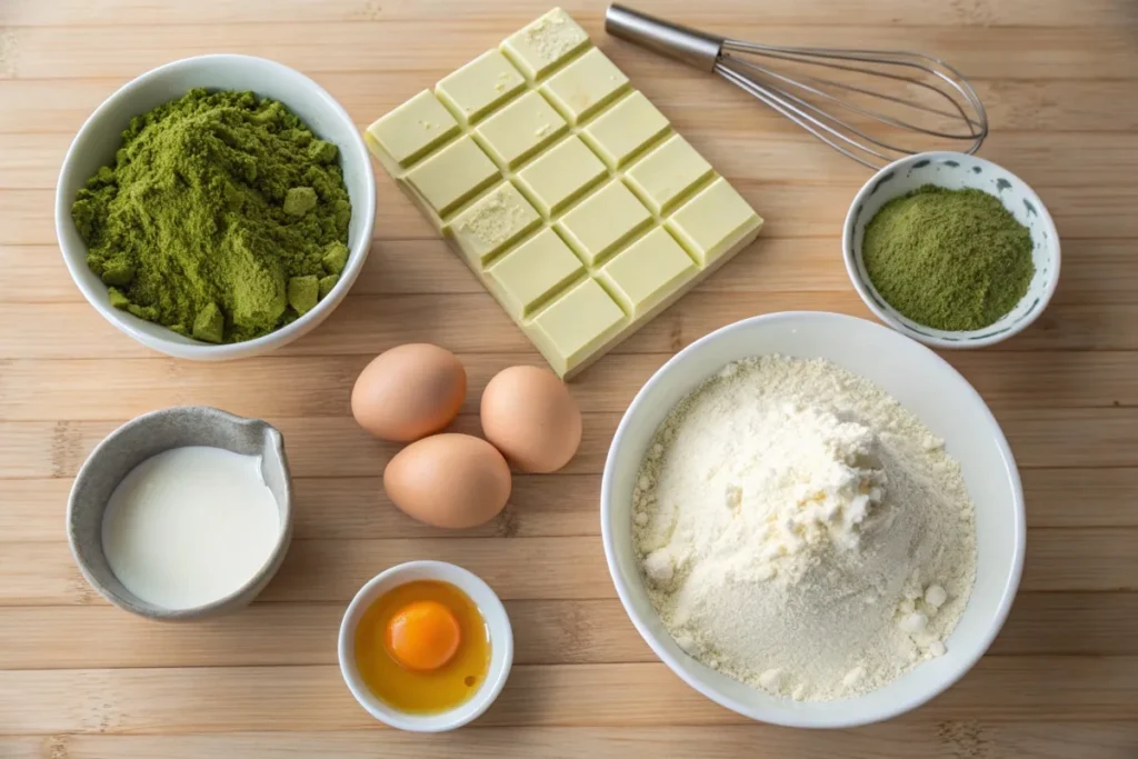 Ingredients for matcha brownies, including matcha powder, flour, and white chocolate, on a wooden countertop