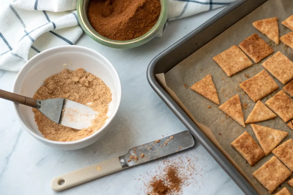 Step-by-step process of making cinnamon baking chips, from mixing to shaping.