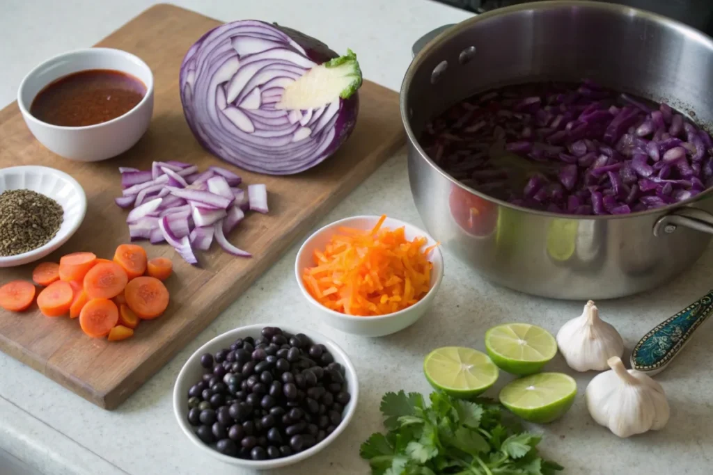 Ingredients for purple black bean soup, including black beans, purple vegetables, spices, and lime on a kitchen counter.