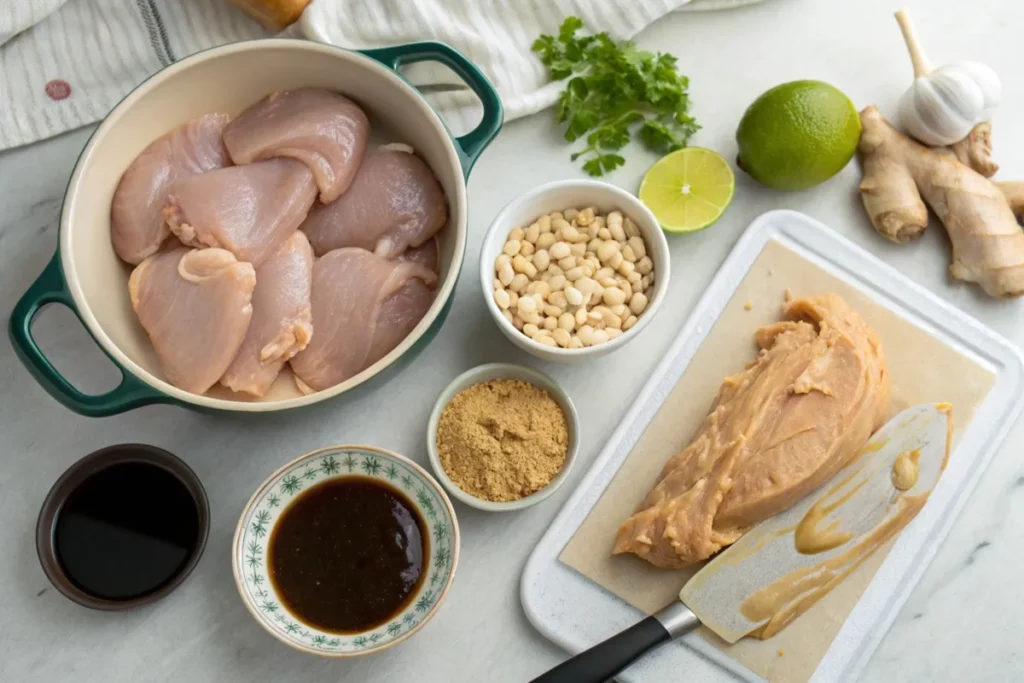 Ingredients for chicken with peanut butter recipe, including chicken, peanut butter, soy sauce, and spices.