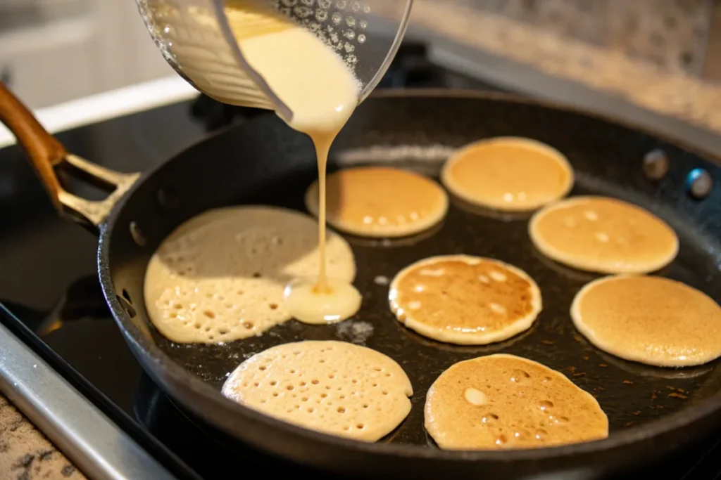 Mini pancakes cooking on a skillet, showing batter being poured and golden edges forming.