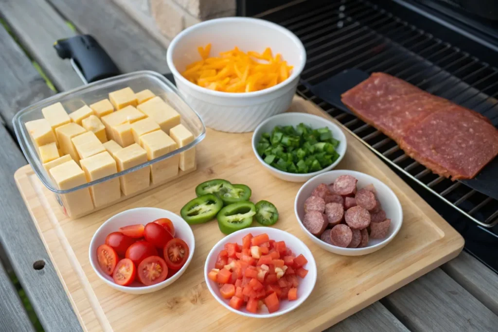 Smoked queso ingredients including cheese, tomatoes, sausage, and jalapeños ready to be prepared.