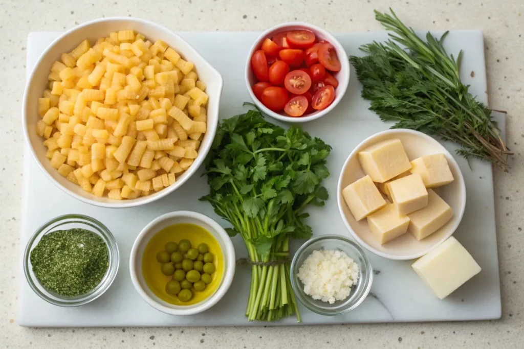 Ditalini pasta ingredients including pasta, vegetables, cheese, olive oil, and fresh herbs, ready for cooking.