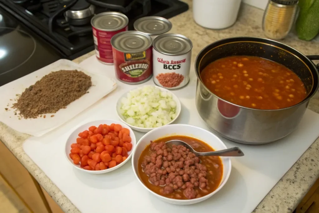 Taco soup frios ingredients and a pot of soup cooking on a stovetop.