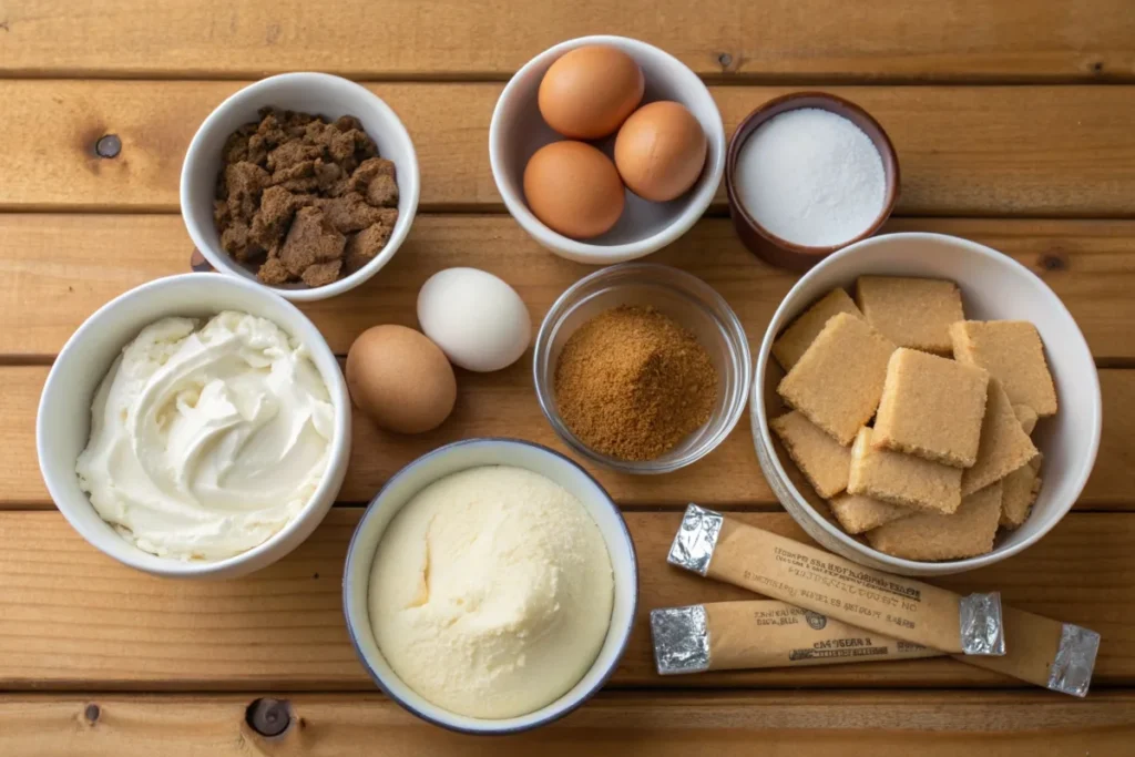 Ingredients for cinnamon roll cheesecake arranged on a wooden table