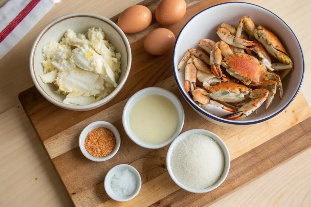 Ingredients for crab brulee on a countertop, including fresh crab, eggs, cream, and sugar.