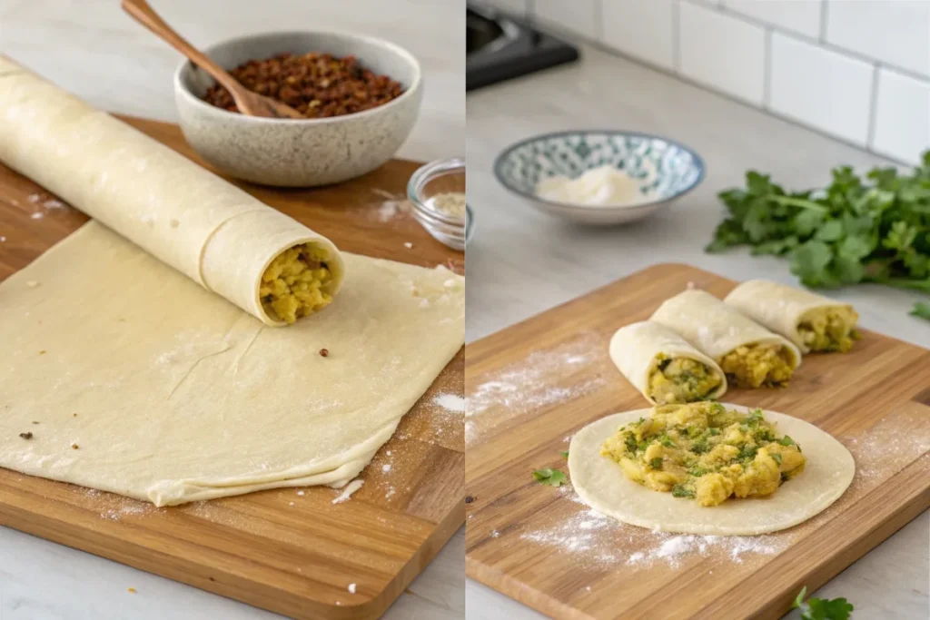 Step-by-step preparation of spicy potato bolani, from rolling the dough to adding the spiced potato filling and folding it.