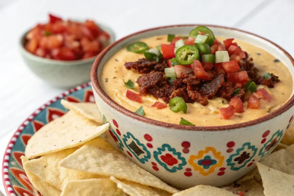 Chipotle queso topped with diced tomatoes, jalapeños, and bacon bits in a decorative bowl.