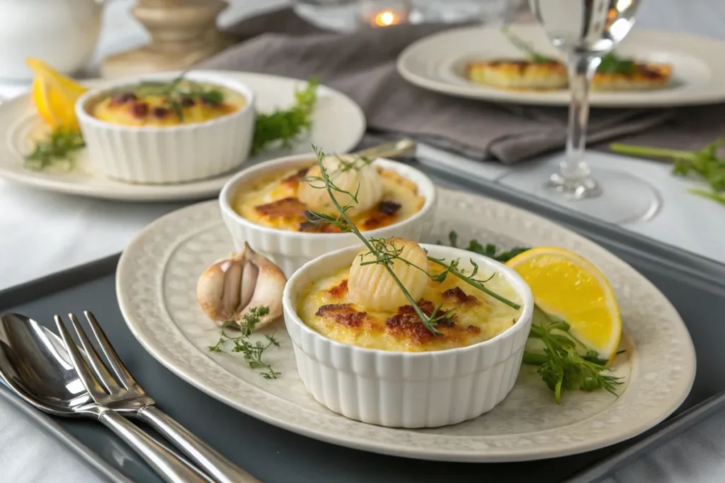 Crab brulee with scallops, garnished with lemon zest and herbs, offering a creative twist.