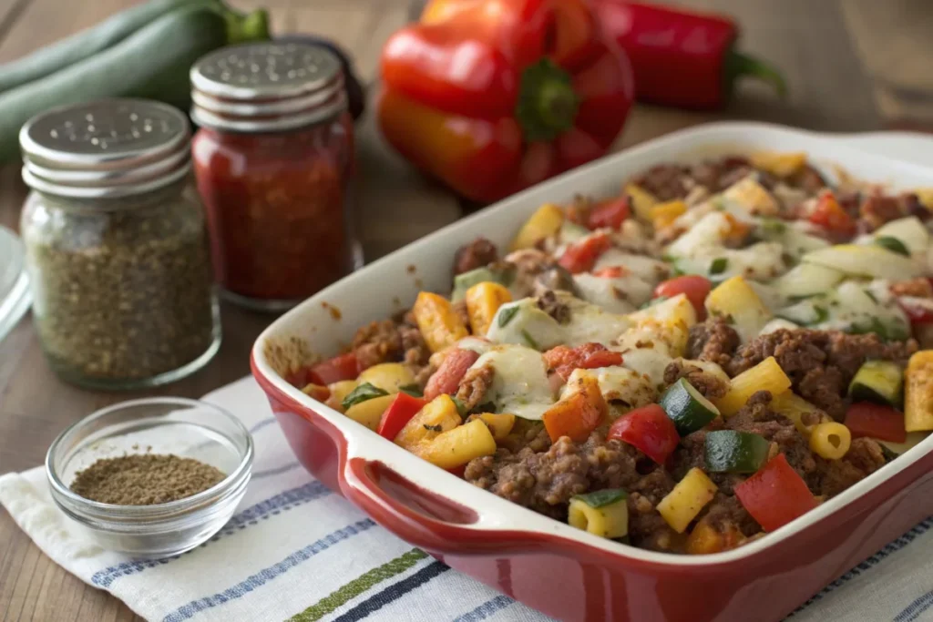 Creative beefaroni twist with vegetables like bell peppers and zucchini in a casserole dish.