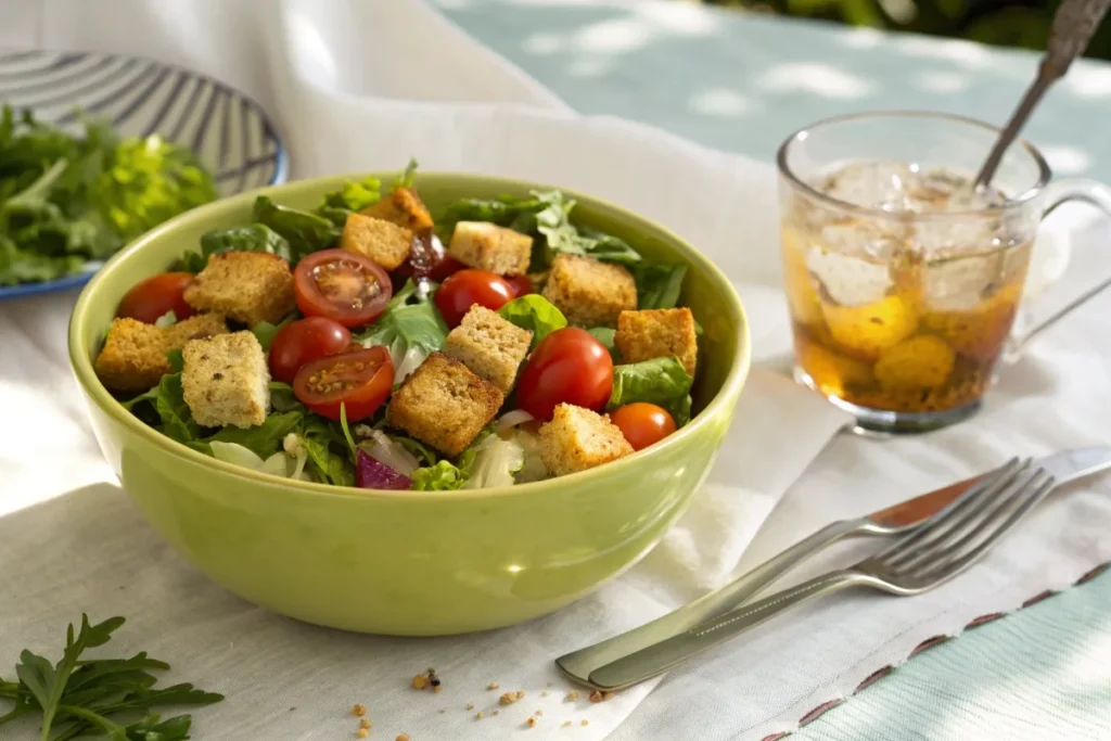 Protein cornbread cubes in a fresh green salad with cherry tomatoes and vinaigrette.