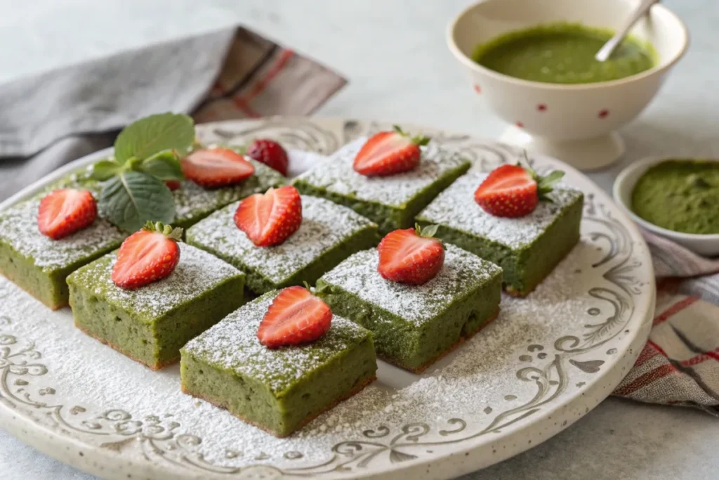 Matcha brownies topped with fresh strawberries and powdered sugar on a decorative platter.