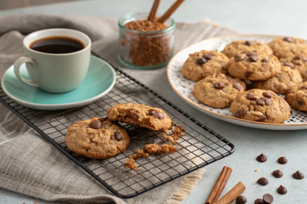 Freshly baked oatmeal cookies with cinnamon baking chips on a cooling rack.