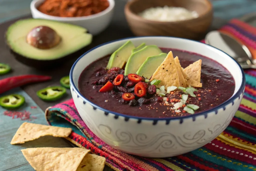 Purple black bean soup with avocado slices, chili flakes, and tortilla chips as creative toppings.