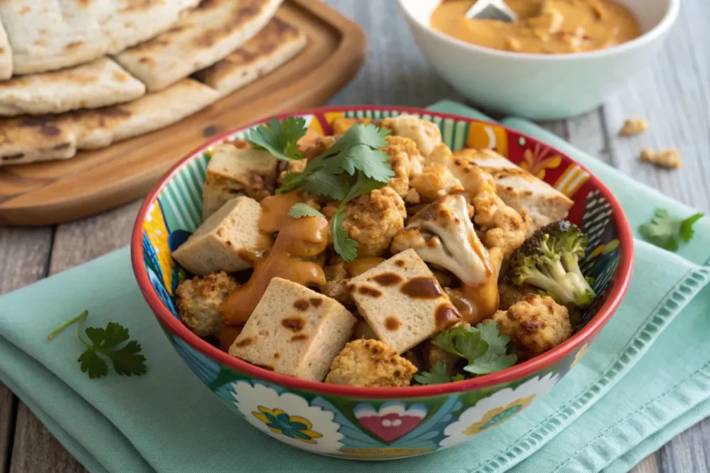 Creative variation of peanut butter chicken with tofu and cauliflower, served with naan and garnished with cilantro.