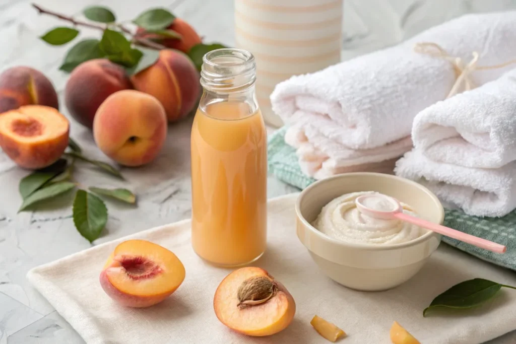 Peach juice with skincare items like a face mask and fresh towels, promoting wellness.