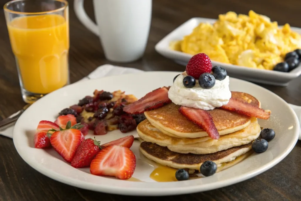 Mini pancakes served with fruits, bacon, scrambled eggs, and orange juice on a breakfast table.