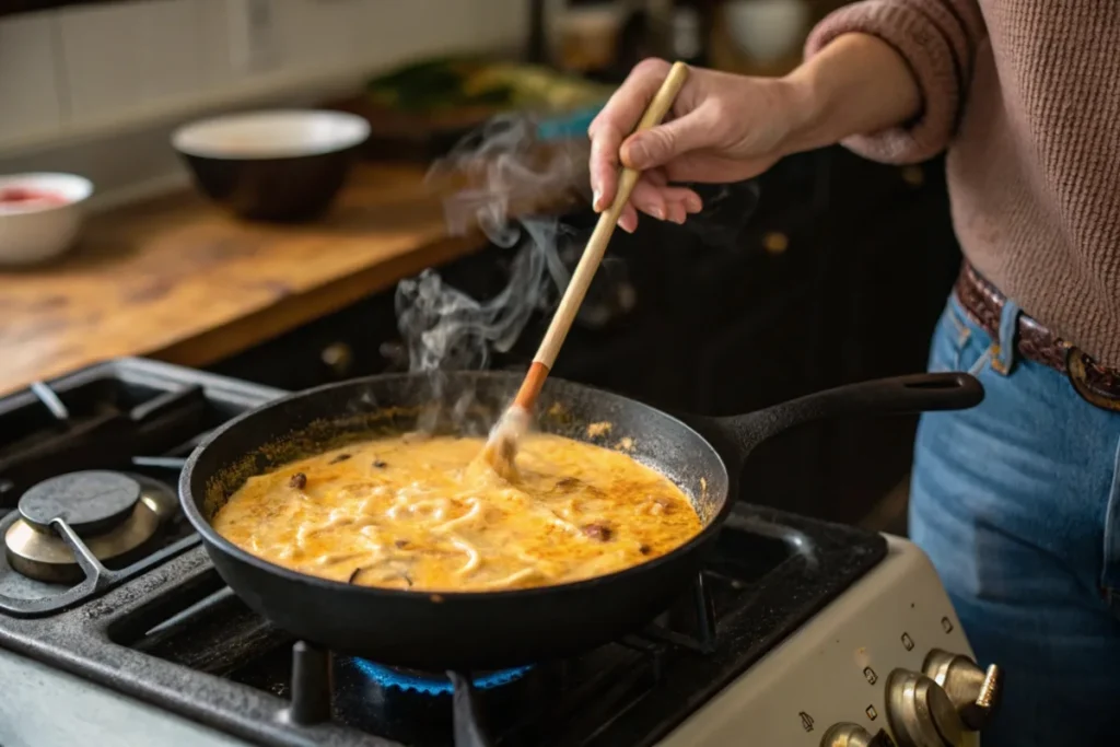 Smoked queso bubbling in a cast-iron skillet inside a smoker, stirred with a wooden spoon.