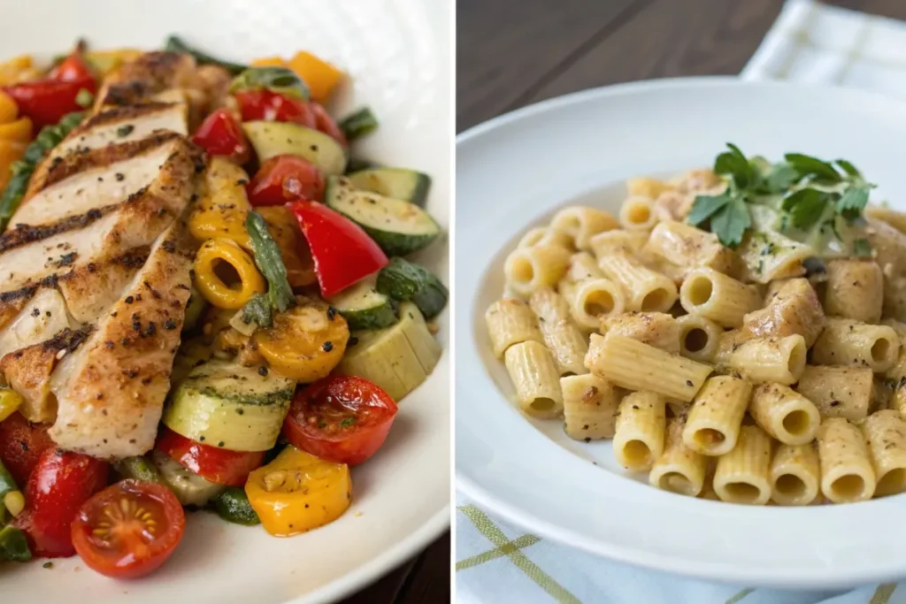 Ditalini pasta variations: vegetarian with roasted veggies and protein-packed with grilled chicken in creamy sauce.