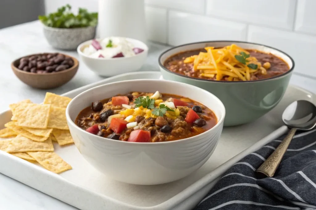 Vegetarian and protein-packed variations of taco soup frios served in bowls with toppings."
Title: "Delicious Variations of Taco Soup Frios Recipe