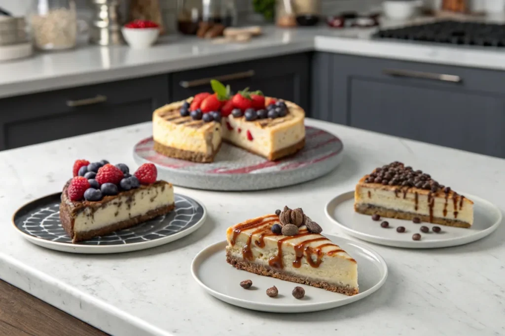 Three slices of cinnamon roll cheesecake with different toppings: caramel, berries, and chocolate.