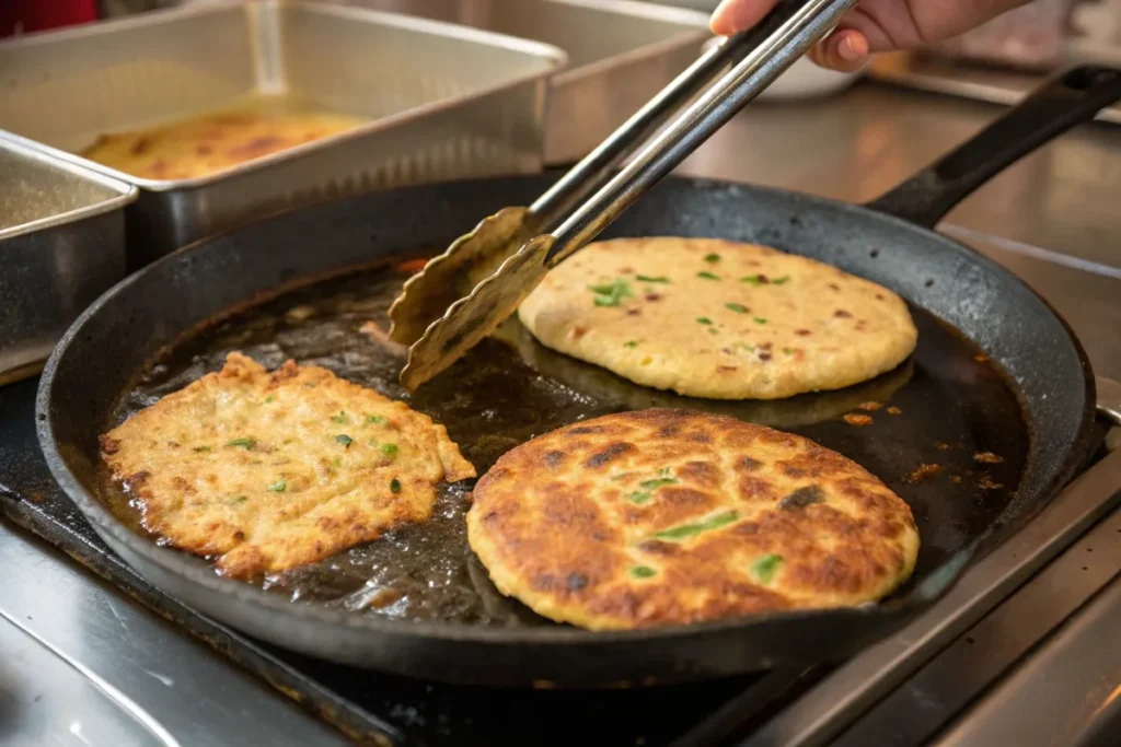 Spicy potato bolani being pan-fried to a crispy golden brown, with another batch baking in the oven for a lighter version.