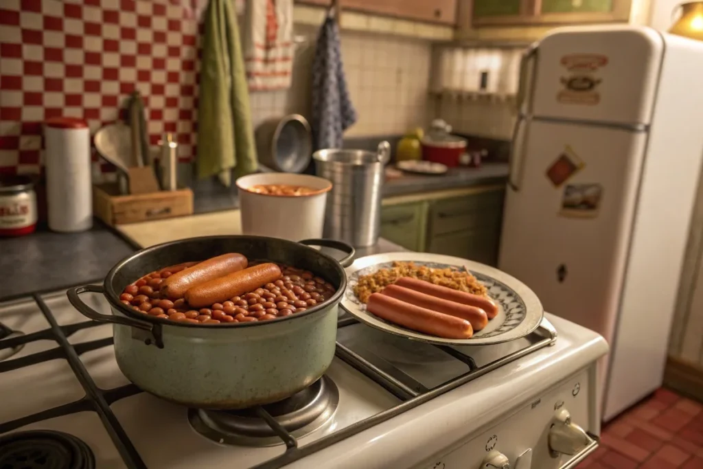 A nostalgic 1950s kitchen with a steaming pot of beanie weenies, showcasing its history and enduring popularity.