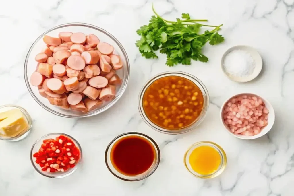 A cooking pan with sizzling sliced hot dogs and baked beans being poured in, surrounded by seasonings and condiments.