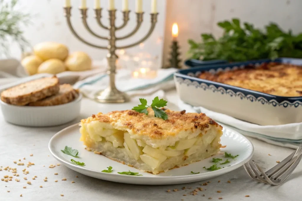 Golden-brown Passover potato pie with a crispy top, served on a wooden table with matzo and a menorah in the background.