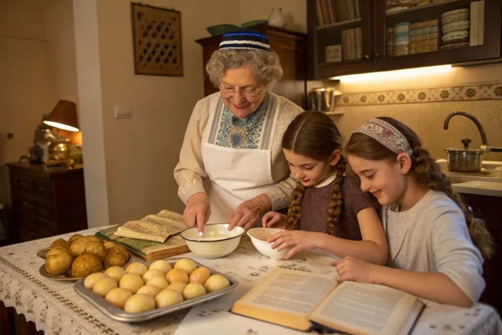 Grandmother and grandchildren preparing Passover potato pie in a traditional Jewish kitchen with a Seder table in the background.