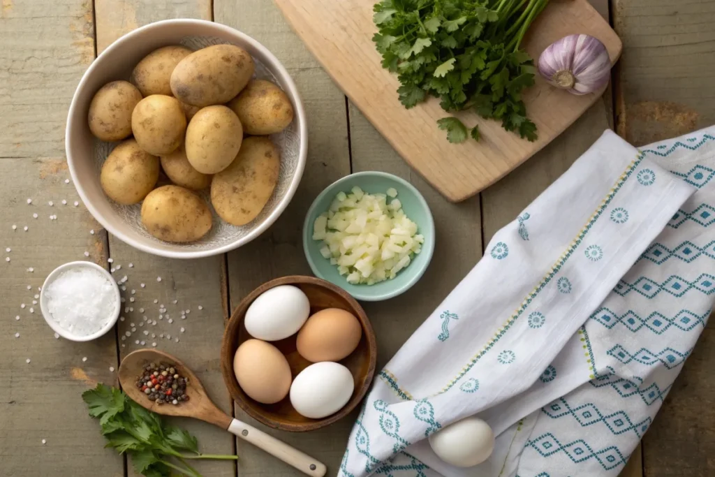 Fresh ingredients for Passover potato pie, including potatoes, eggs, onions, and spices, laid out on a wooden kitchen table.