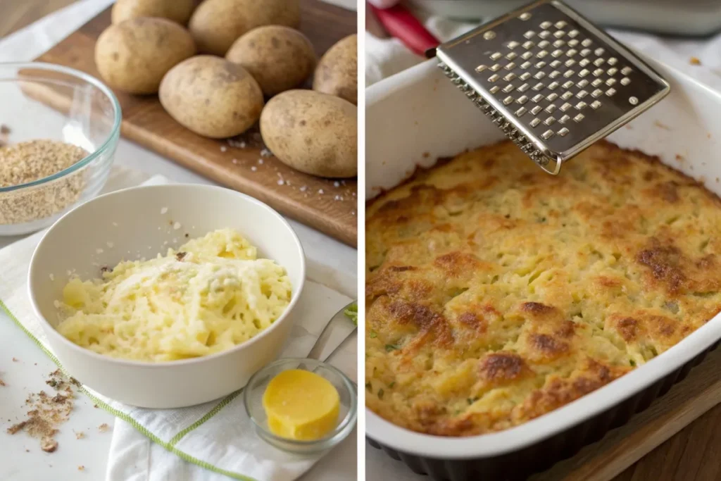 Step-by-step process of making Passover potato pie, from grating potatoes to baking a golden, crispy dish.