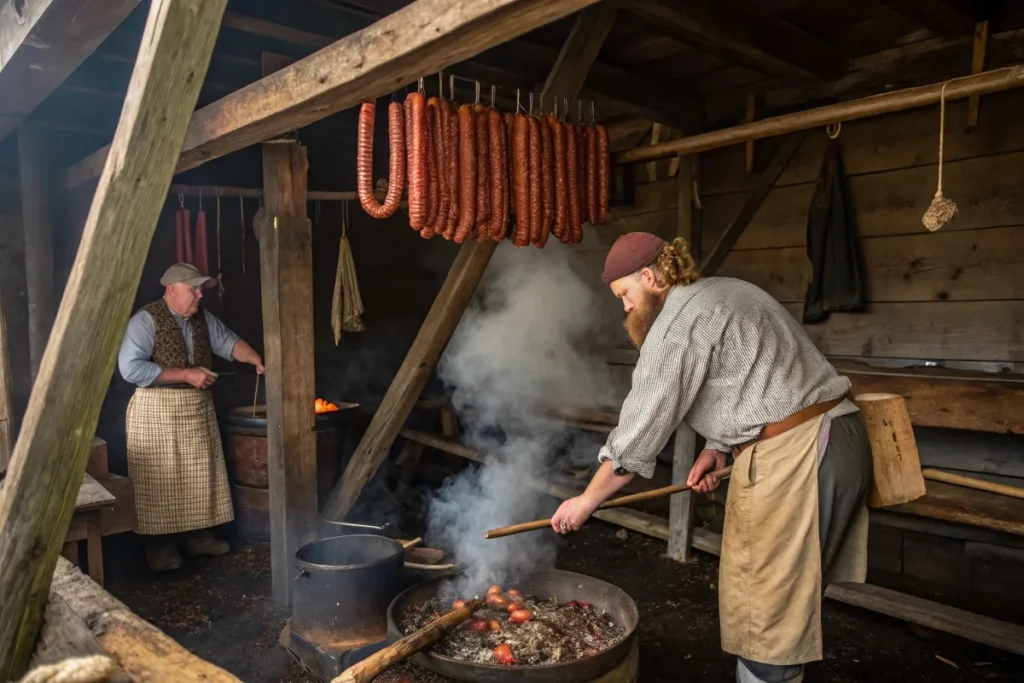 Early European settlers curing and smoking sausages in a traditional wooden smokehouse.