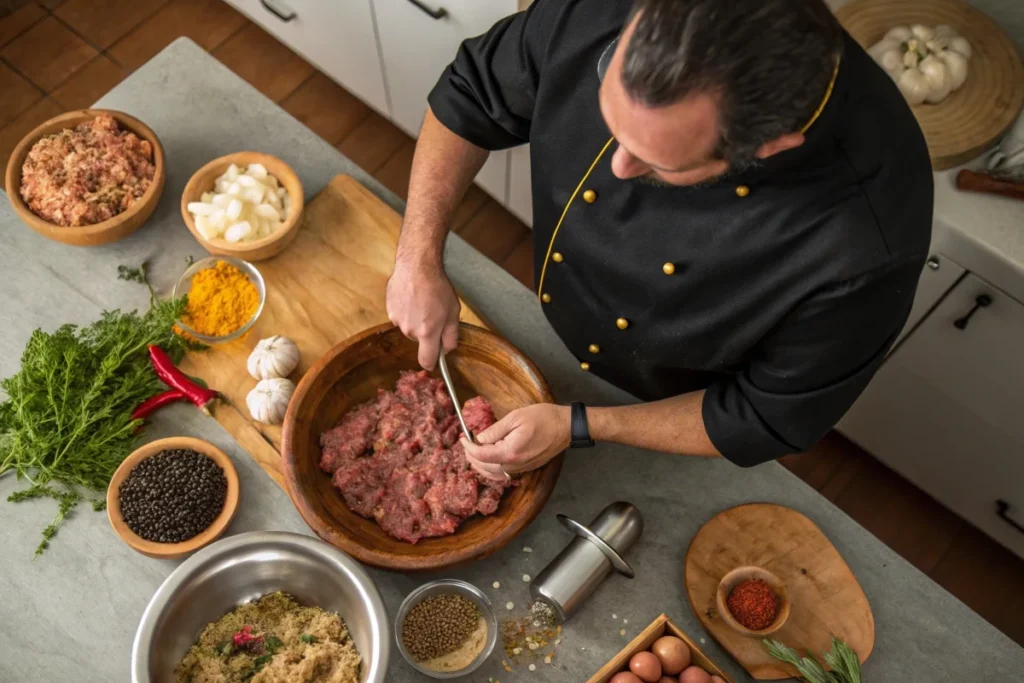 A chef preparing summer sausage with ground meat, spices, and a sausage stuffer in a rustic kitchen.