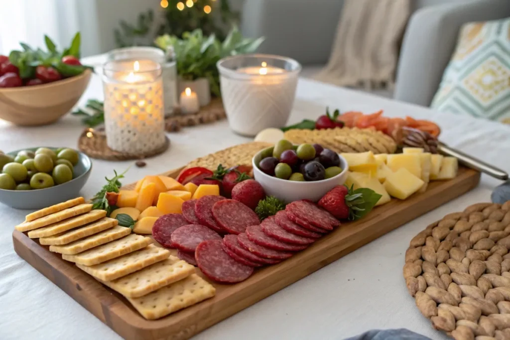 Charcuterie board with summer sausage slices, cheese, crackers, and olives on a rustic white table.