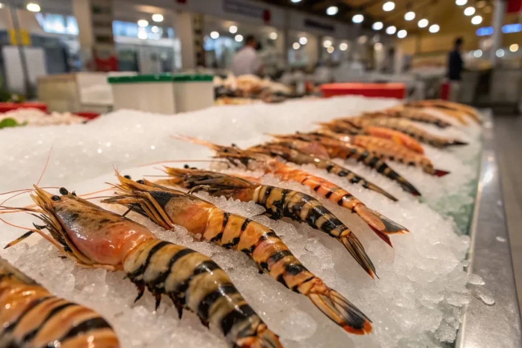 Fresh tiger shrimp on crushed ice, displaying their signature black and orange-striped shells at a seafood market.